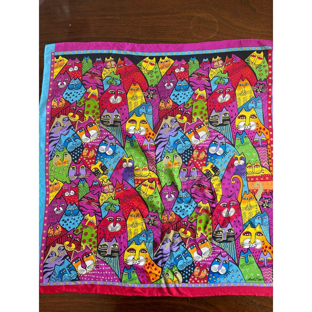 Vintage Laurel Burch Scarf Fantasticats Cat Print Square Silk Scarf - Picture 3 of 5